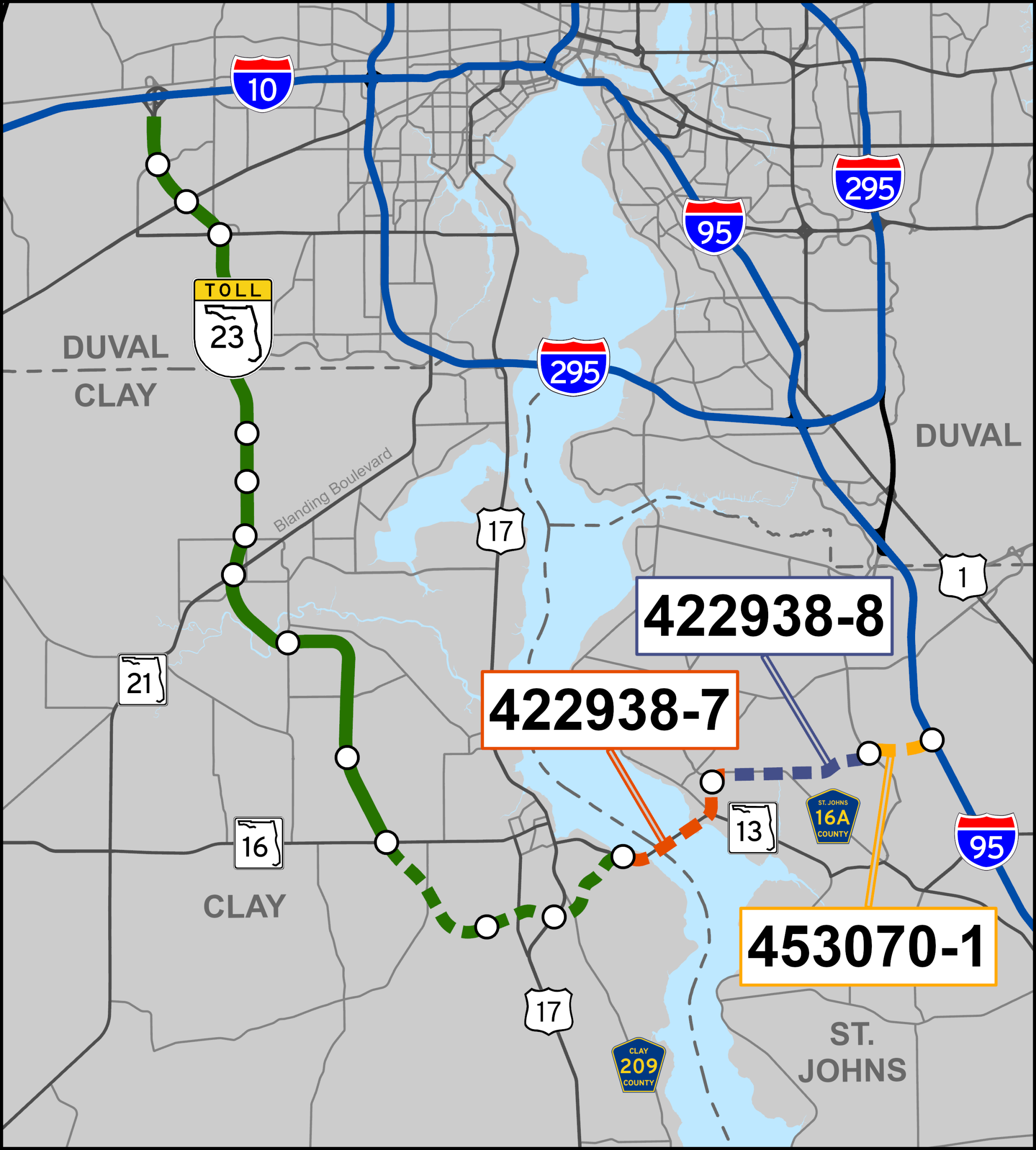 First Coast Expressway Expansions Map showing route 23 tollway and major interstates around Duval and Clay counties with project numbers highlighted.