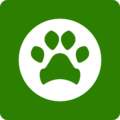 Green square icon featuring a white circle and a paw print in the center, symbolizing pet care or animal-related themes.