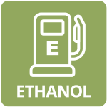 Icon of a fuel pump labeled Ethanol on a green background. Represents alternative fuel source for vehicles.