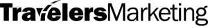 Travelers Marketing logo with bold black text on a white background, featuring a curved line above the 'v' resembling a road.